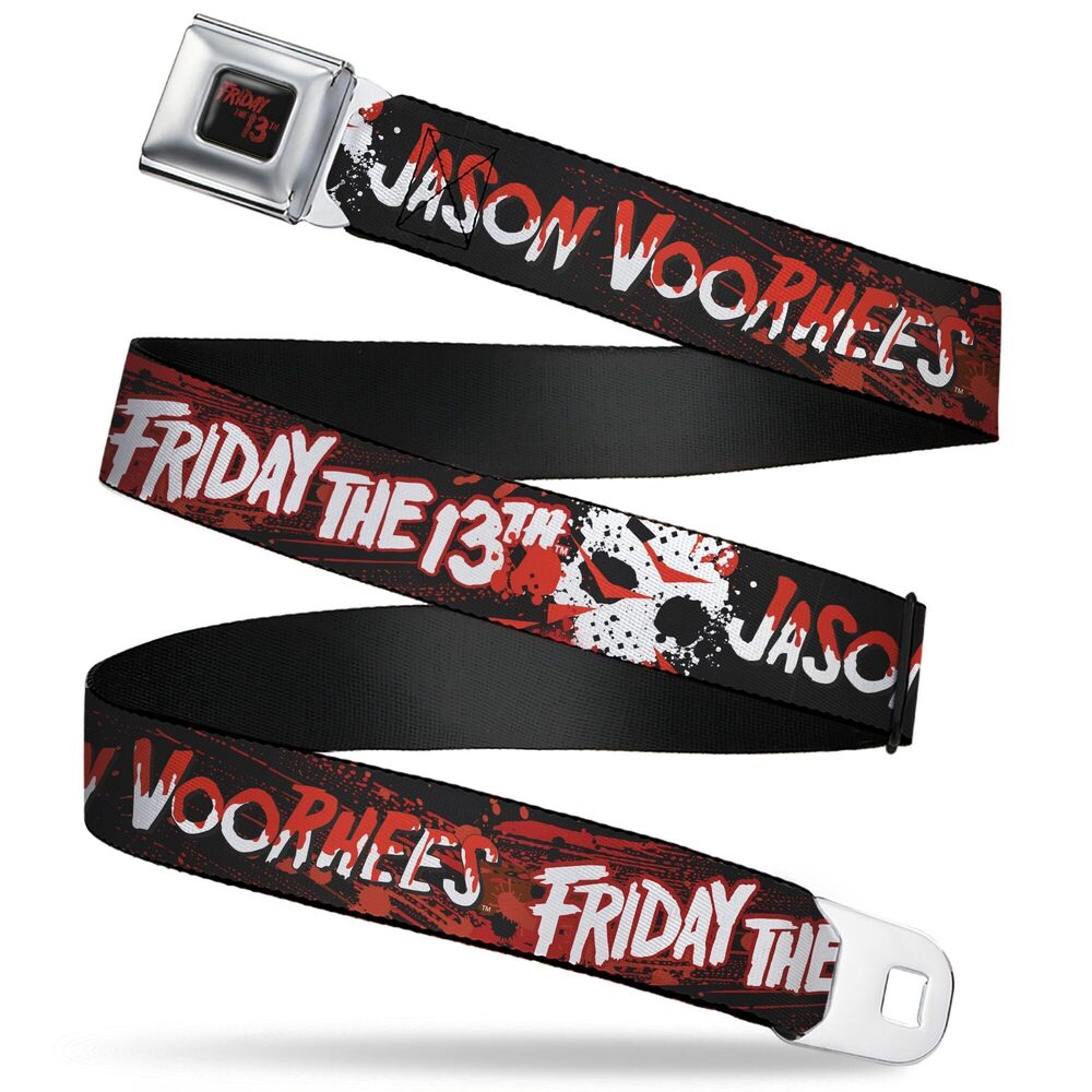 8605 Friday the 13th Belt, Seatbelt Buckle Jason Voorhies Mask Text Black